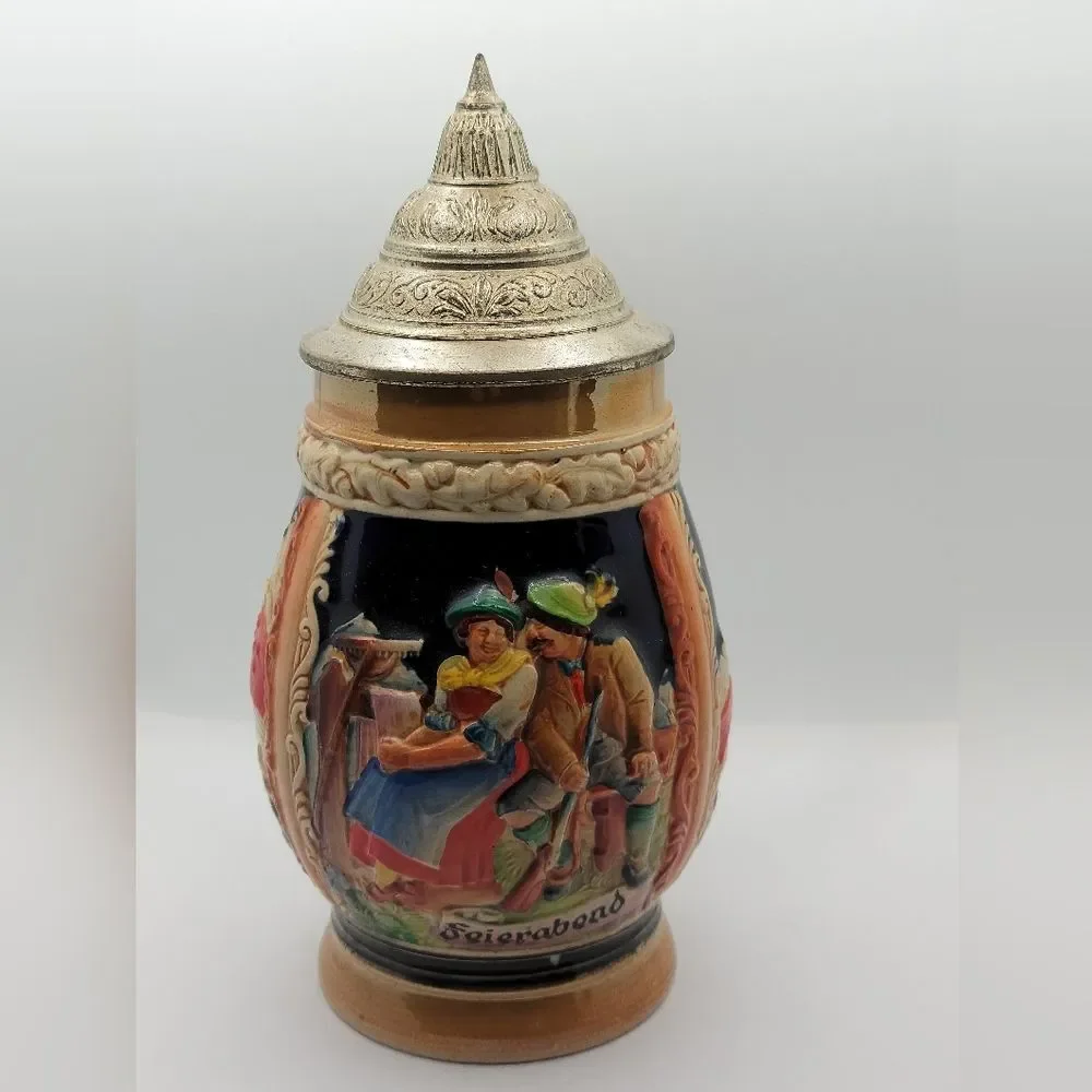 Vintage  West Germany Feierabend Pewter Lidded German Beer Stein